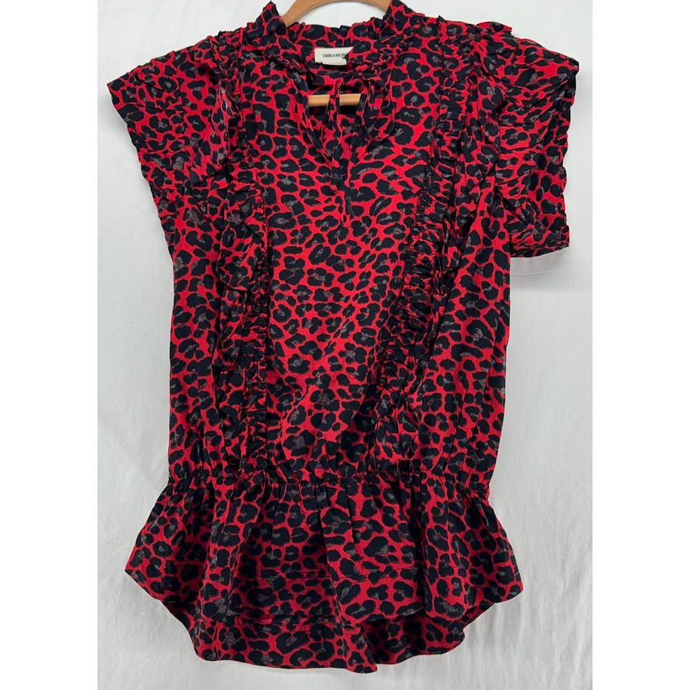 Zadig & Voltaire Tibo Print Leo Red Leopard Ruffle Peplum Blouse Small